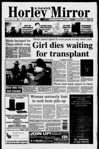 cover page of Horley & Gatwick Mirror published on September 18, 1997