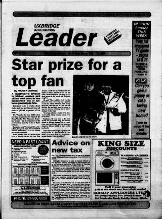 cover page of Uxbridge Leader published on November 15, 1989