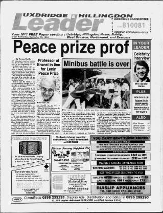 cover page of Uxbridge Leader published on September 18, 1991