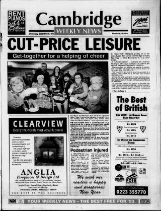 cover page of Cambridge Weekly News published on December 30, 1992