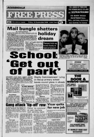 cover page of Rossendale Free Press published on September 18, 1992