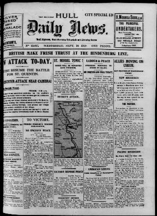 cover page of Hull Daily News published on September 18, 1918