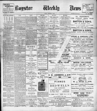 cover page of Royston Weekly News published on December 27, 1907