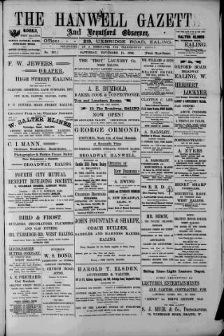 cover page of Hanwell Gazette and Brentford Observer published on November 15, 1902