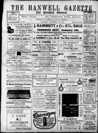 cover page of Hanwell Gazette and Brentford Observer published on December 30, 1911