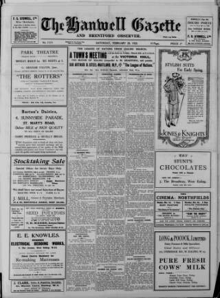 cover page of Hanwell Gazette and Brentford Observer published on February 28, 1920