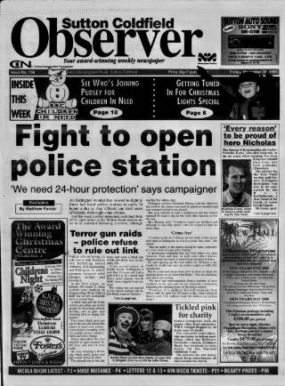 cover page of Sutton Coldfield Observer published on November 26, 1999