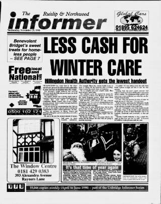 cover page of Ruislip & Northwood Informer published on November 25, 1998