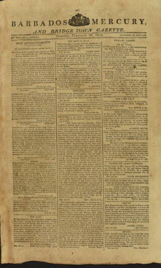 cover page of Barbados Mercury and Bridge-town Gazette published on February 28, 1809