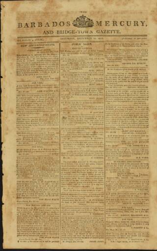 cover page of Barbados Mercury and Bridge-town Gazette published on December 30, 1815