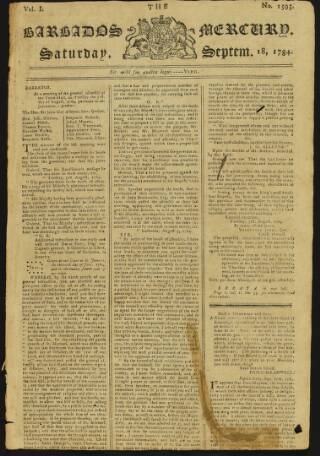 cover page of Barbados Mercury published on September 18, 1784