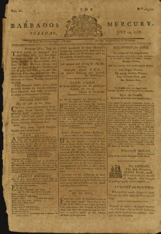 cover page of Barbados Mercury published on July 29, 1788