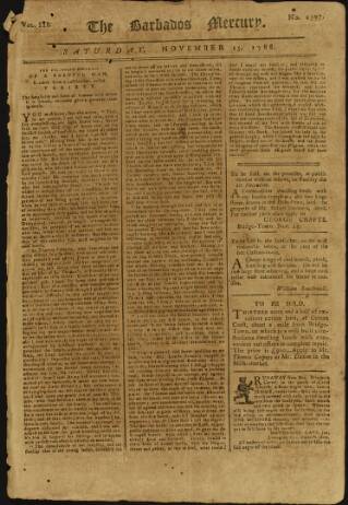 cover page of Barbados Mercury published on November 15, 1788