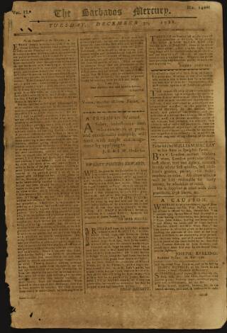 cover page of Barbados Mercury published on December 30, 1788