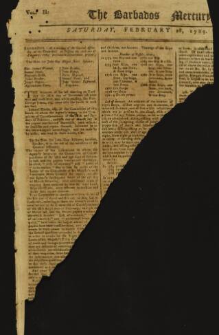cover page of Barbados Mercury published on February 28, 1789
