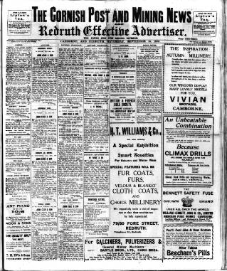 cover page of Cornish Post and Mining News published on September 18, 1920