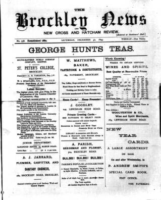 cover page of Brockley News published on December 30, 1893