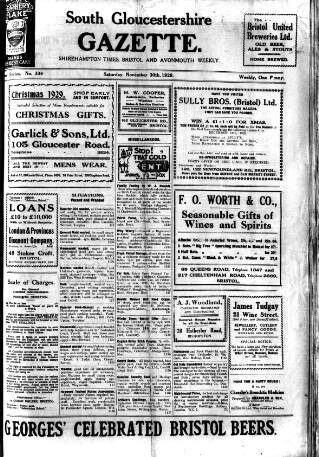 cover page of South Gloucestershire Gazette published on November 30, 1929