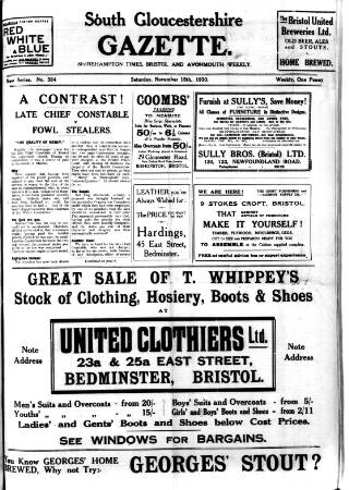 cover page of South Gloucestershire Gazette published on November 15, 1930