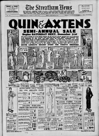 cover page of Streatham News published on December 30, 1932