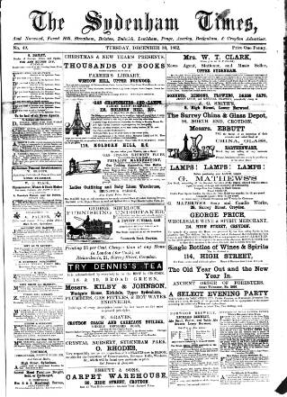 cover page of Sydenham Times published on December 30, 1862
