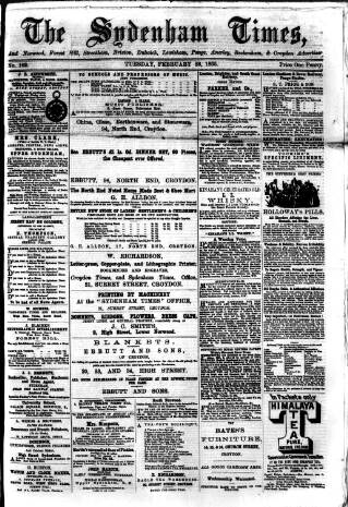 cover page of Sydenham Times published on February 28, 1865