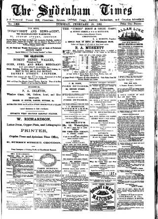 cover page of Sydenham Times published on February 28, 1882