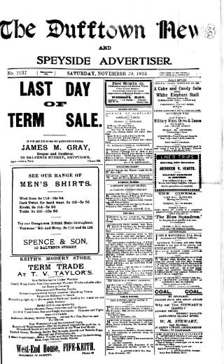 cover page of Dufftown News and Speyside Advertiser published on November 30, 1935