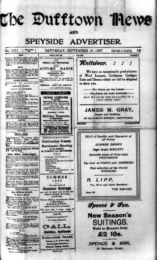 cover page of Dufftown News and Speyside Advertiser published on September 18, 1937