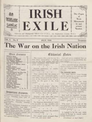 cover page of Irish Exile published on July 1, 1921