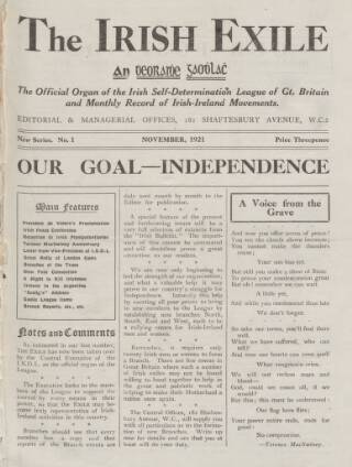 cover page of Irish Exile published on November 1, 1921