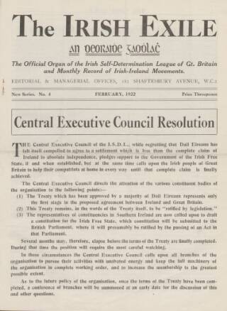 cover page of Irish Exile published on February 1, 1922