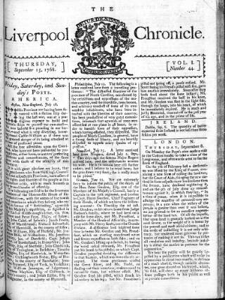 cover page of Liverpool Chronicle 1767 published on September 15, 1768