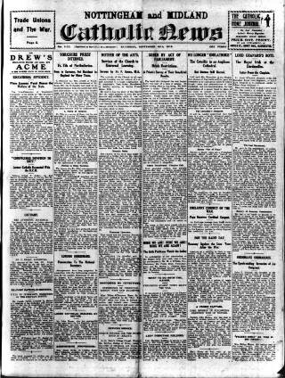 cover page of Nottingham and Midland Catholic News published on September 18, 1915
