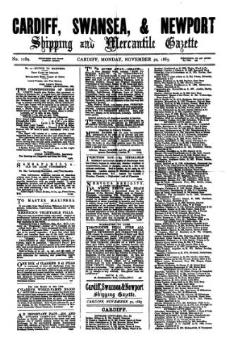 cover page of Cardiff Shipping and Mercantile Gazette published on November 30, 1885