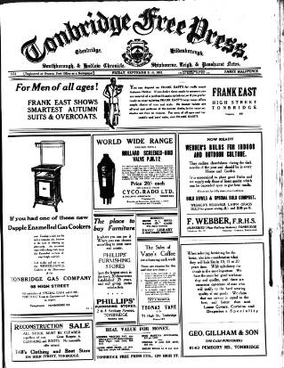cover page of Tonbridge Free Press published on September 18, 1931