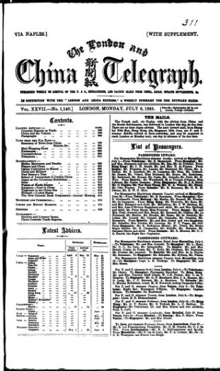 cover page of London and China Telegraph published on July 6, 1885
