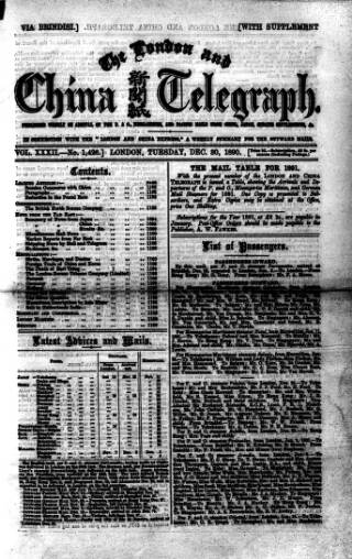 cover page of London and China Telegraph published on December 30, 1890