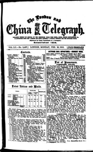 cover page of London and China Telegraph published on February 28, 1910