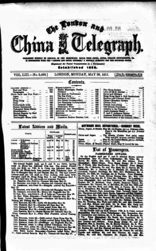 cover page of London and China Telegraph published on May 29, 1911
