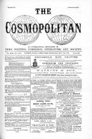 cover page of Cosmopolitan published on November 30, 1871