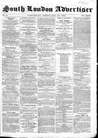 cover page of South London Advertiser published on February 28, 1863