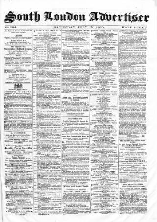 cover page of South London Advertiser published on July 15, 1865