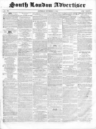 cover page of South London Advertiser published on November 11, 1865