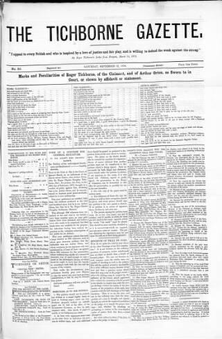 cover page of Tichborne Gazette published on September 12, 1874