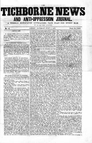 cover page of Tichborne News and Anti-Oppression Journal published on July 6, 1872