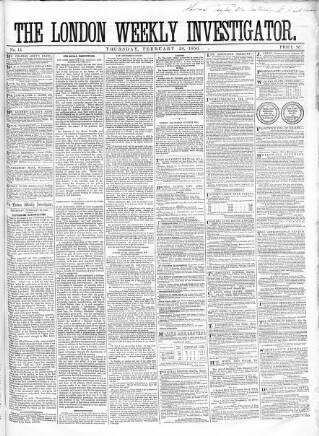 cover page of London Weekly Investigator published on February 28, 1856