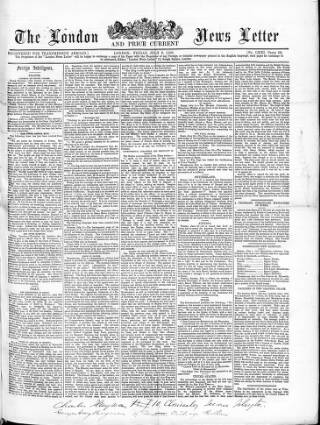 cover page of London News Letter and Price Current published on July 6, 1860