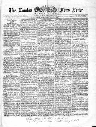 cover page of London News Letter and Price Current published on February 10, 1862