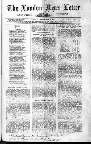 cover page of London News Letter and Price Current published on September 1, 1862